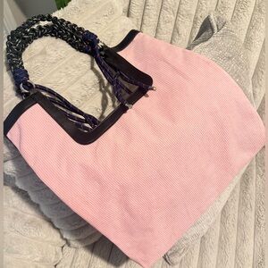 NWT Pink Ribbed Black Trim and Blue Handle Tassels Women's Tote Bag